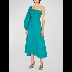 Ulla Johnson Fiorella Teal One Shoulder Puff Sleeve Midi Dress Size 4 Event